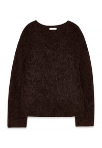 Brown knit pullover with a v-neck, long sleeves, and a soft, fuzzy texture. The design is oversized with a relaxed fit and minimal detailing.