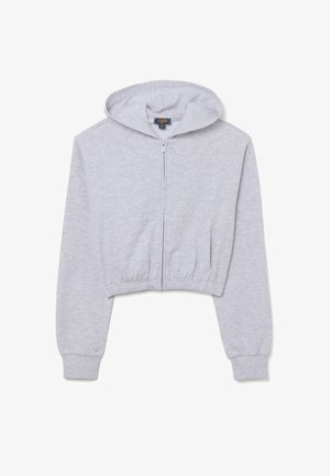 Hoodie grise à zip court fabriqué en tissu doux. Équipé d'une capuche avec cordon de serrage, de poignets côtelés et de deux poches avant. Texture lisse, design basique.