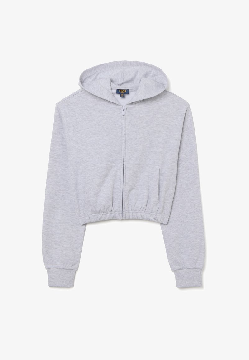 Hoodie grise à zip court fabriqué en tissu doux. Équipé d'une capuche avec cordon de serrage, de poignets côtelés et de deux poches avant. Texture lisse, design basique.