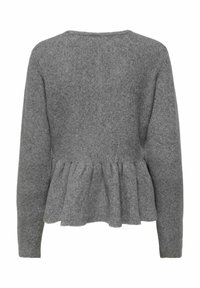 Sivoda volnena jopica z rebrasto teksturo, dolgimi rokavi, okroglo izrezom in peplum detajlom na hrbtni strani. Mehka, udobna tkanina.