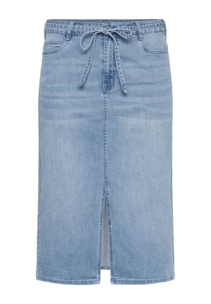 Jupon en denim bleu clair avec une fente à l'avant, une taille élastique à cordon, et cinq poches. Il possède une coupe à hauteur des genoux et des détails de couture classiques.