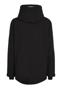 Giacca softshell nera con cappuccio, dotata di un orlo curvo, maniche lunghe e il nome del marchio "O'Neill" in bianco sul retro.