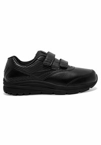 Schwarze Sportschuhe mit einem strukturierten, synthetischen Obermaterial, zwei Klettverschlussriemen, einer dicken Sohle zur Unterstützung und einem glatten, abgerundeten Zehendesign.