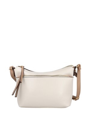 Bolso bandolera de cuero blanco con correa ajustable marrón y bolsillo delantero con cremallera sobre fondo blanco.