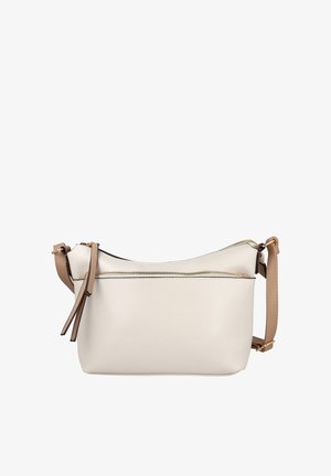 Bolso bandolera de cuero blanco con correa ajustable marrón y bolsillo delantero con cremallera sobre fondo blanco.