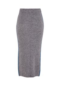 Größere graue Rippstrickrock mit einer taillierten Silhouette, der blaue seitliche Akzentstreifen und einen hohen Taillenbund für einen bequemen Sitz aufweist.