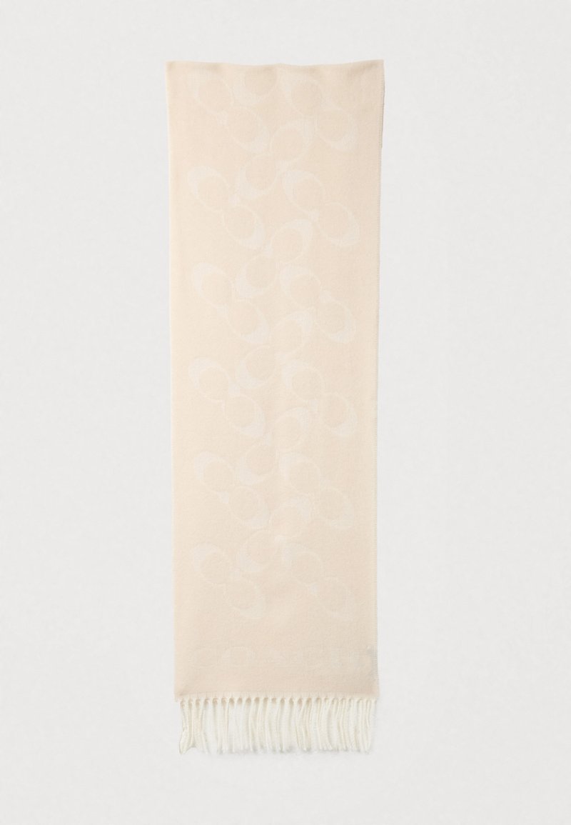 Bežinė skara su subtiliu įspaustu raštu iš tarpusavyje susijungusių ovalų; užbaigta baltais kutais galuose; minkšta tekstūra.