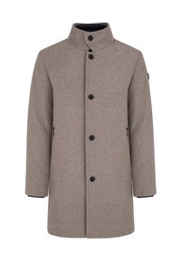 Brązowy wełniany płaszcz z kołnierzem stającym, pięcioma czarnymi guzikami i dwiema bocznymi kieszeniami. Prosty fason i miękka faktura.