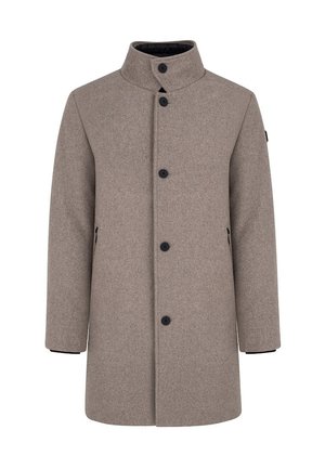 Brązowy wełniany płaszcz z kołnierzem stającym, pięcioma czarnymi guzikami i dwiema bocznymi kieszeniami. Prosty fason i miękka faktura.