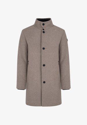 Brązowy wełniany płaszcz z kołnierzem stającym, pięcioma czarnymi guzikami i dwiema bocznymi kieszeniami. Prosty fason i miękka faktura.