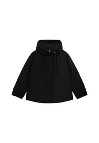 Zwarte jas met een hoge kraag en capuchon, trekkoordaccenten, lange mouwen en een iets losse pasvorm. Gladde stof zonder patronen.