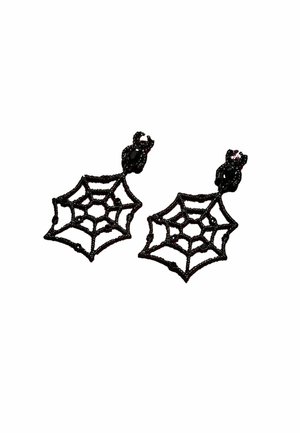 Schwarze Ohrringe in Form eines Spinnennetzes mit einem kleinen Spinnendetail oben, aus Perlenmaterial hergestellt.