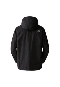 Musta vedenpitävä takki hupulla, pitkät hihat ja pieni valkoinen The North Face -logo yläselän oikealla puolella.
