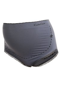 Des sous-vêtements gris taille haute présentent un tissu lisse, des coutures décoratives et une bordure en dentelle à l'ourlet. Le nom de la marque est imprimé sur la ceinture.
