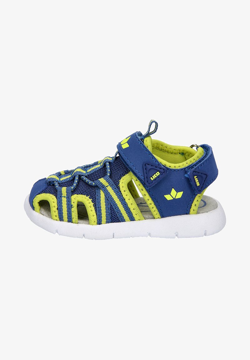 Blaues und gelbes Sandalett mit Netzobermaterial, mehreren Ausschnitten, sicherem Klettverschluss und gepolsterter weißer Sohle. Zeigt auffällige Branding-Details.