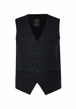 Gilet a scacchi scuro realizzato in tessuto texturizzato, con scollo a V, tre bottoni e due tasche frontali. Accenti visibili in linee verdi.