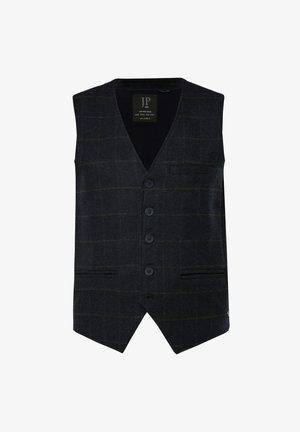 Gilet a scacchi scuro realizzato in tessuto texturizzato, con scollo a V, tre bottoni e due tasche frontali. Accenti visibili in linee verdi.