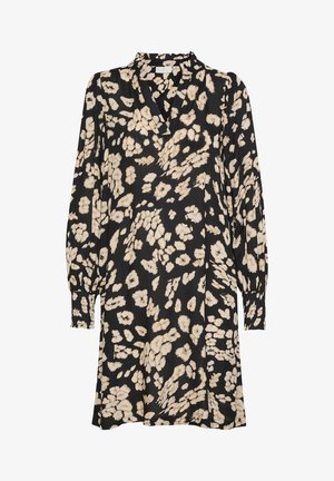 Schwarzes Kleid mit cremefarbenem, abstraktem Blumendesign, hohem Kragen, langen Puffärmeln und gesmokten Bündchen, aus leichtem Stoff gefertigt.