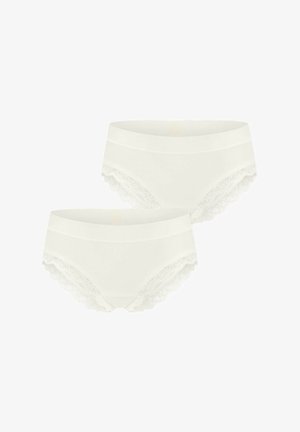 Dos pares de bragas de algodón blancas con un acabado suave y delicados bordes de encaje a lo largo de la cintura y las aberturas de las piernas.