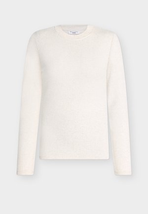 Sweter z długim rękawem, prążkowany, w kolorze kremowym, z okrągłym dekoltem i subtelnymi wzorami tekstury na całej powierzchni.