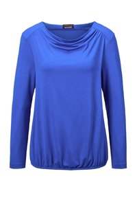 Blauses langärmliges Oberteil mit Schalkragen und gerafftem Saum. Der Stoff wirkt glatt mit einem leichten Glanz. Einfaches Design, ohne sichtbare Muster oder Akzente.