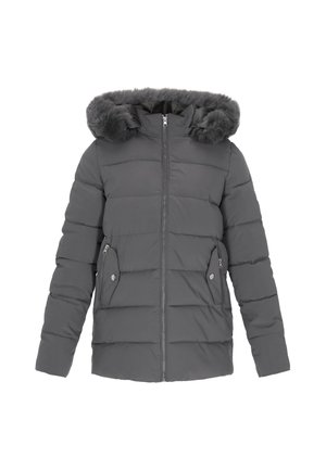 Giacca a vento imbottita grigia scura con cappuccio in pelliccia sintetica, motivo a righe orizzontali, chiusura con zip e due tasche laterali con dettagli a bottone.