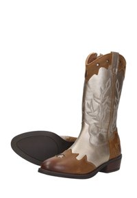 Bruine leren cowboylaarzen met een metallic gouden bovenkant. Voorzien van een geborduurd bloemenpatroon, een gegolfde bovenkant en een lage hak.