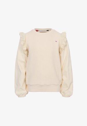 Sweatshirt in crèmekleur met geribbelde textuur, gerimpelde gebreide accenten op de schouders en licht opgeblazen mouwen. Voorzien van een klein paars hartlogo.