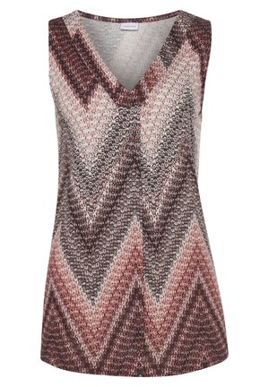 Bluzka bez rękawów z dekoltem w serek i wzorem w zygzak w odcieniach brązu, różu i kremu, wykonana z teksturowanej dzianiny.