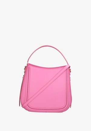 Pink leather handbag with a structured shape, a shoulder strap, and decorative stitching along the edges. Smooth texture, minimalist design.