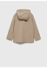Bež jakna lahkega kroja s kapuco, s straight krojem in dolgimi rokavi. Narejena iz teksturiranega materiala z gladkim koncem.