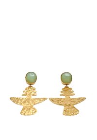 Złote metalowe kolczyki z teksturowanym wzorem ptaka, z jasnoskalnym okrągłym kamieniem u góry. Lekkie i wiszące.