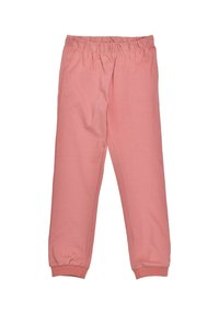 Pink cotton jogger pants with an elastic waistband and cuffs. Smooth texture with a simple, unadorned design and tapered leg shape.