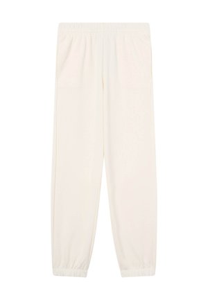 Jogginghosen in Cremefarbe mit elastischem Bund, Seitentaschen und elastischen Bündchen an den Knöcheln, dargestellt auf weißem Hintergrund.