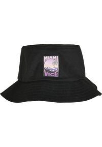 Fekete vágott sapka, pamutból készült, széles peremmel. Jellemzője egy grafikus folt a "MIAMI VICE" felirattal, egy autóval és pálmafákkal pasztell színekben.