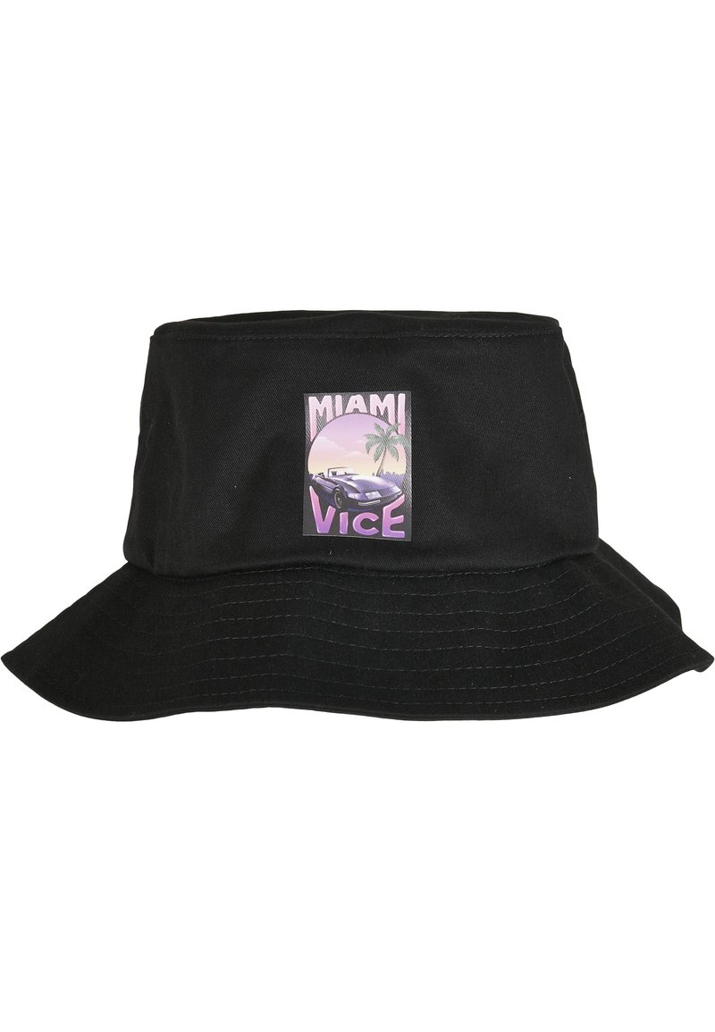 Fekete vágott sapka, pamutból készült, széles peremmel. Jellemzője egy grafikus folt a "MIAMI VICE" felirattal, egy autóval és pálmafákkal pasztell színekben.