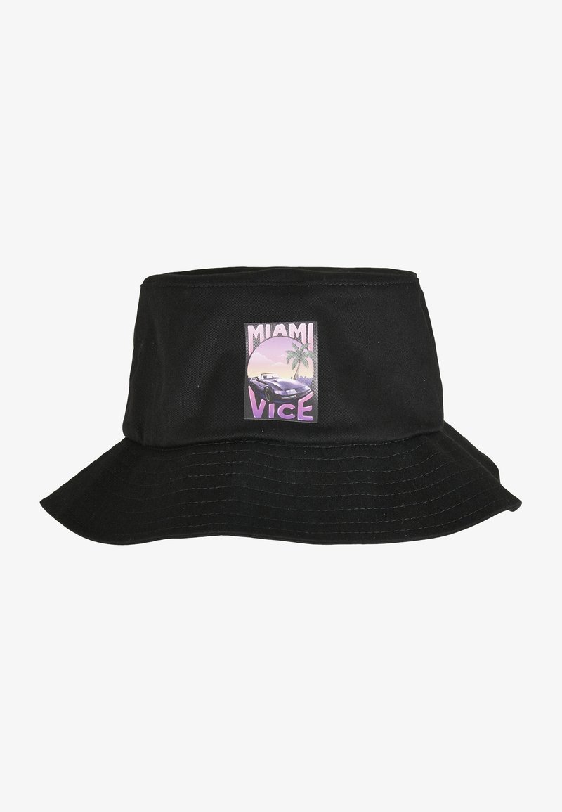 Sort bucket hat lavet af bomuld med en bred skygge. Har et grafik patch med "MIAMI VICE," en bil og palmetræer i pastelfarver.