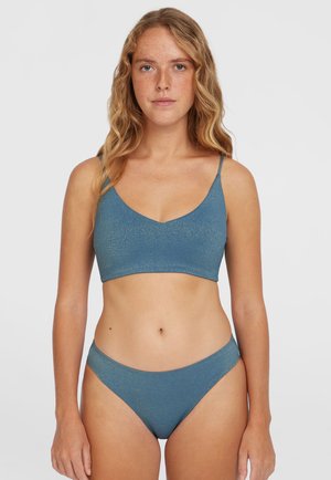 Blå glittrig bikini set som har en v-ringad braletteöverdel och högmidjade bottnar. Slät textur med justerbara band och en design med minimal täckning.