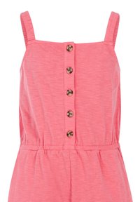 Mono sin mangas de color rosa con escote redondo, botones en la parte delantera y una cinturilla elástica para una silueta ajustada.