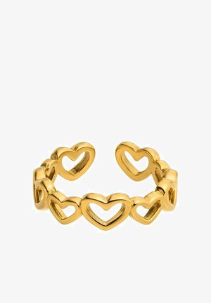Goldener Ring, gestaltet mit verbundenen offenen Herzformen, die ein verstellbares Band bilden.