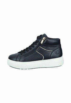 Baskets montantes en cuir noir avec semelle blanche, dotées d'un laçage à l'avant, d'un détail de fermeture éclair sur le côté et d'une finition texturée. Accentuées par un logo.