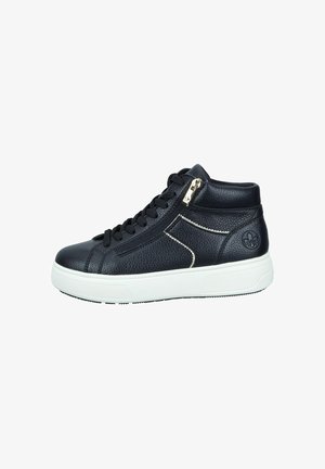 Zapatilla alta de cuero negro con suela blanca, con cordones en la parte frontal, detalle de cremallera lateral y acabado texturizado. Acentuada con logo.