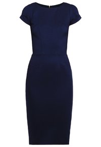 Robe ajustée bleu marine, manches courtes, longueur au genou, avec un col rond et une fermeture éclair à l'arrière.