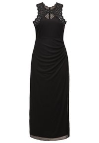 Musta hihaton pitkä mekko, jossa pitsiyksityiskohtia hartioilla ja yläosassa, istuva vyötärö ja hieman laskostettu kangas toisella puolella.