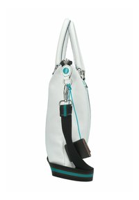 Sac à main en cuir blanc avec une surface texturée, présentant des accents turquoise, une bandoulière amovible et des garnitures en argent. Vue de côté.