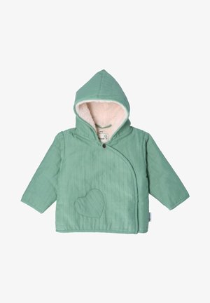 Giacca con cappuccio verde menta dal texture trapuntato, con un soffice rivestimento bianco e una toppa a forma di cuore sul davanti.