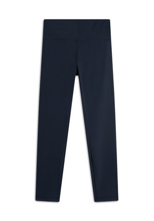 Leggings blu navy in tessuto elasticizzato, con una vita ampia, una texture liscia e un design affusolato. Nessun motivo o accento visibile.