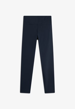 Leggings blu navy in tessuto elasticizzato, con una vita ampia, una texture liscia e un design affusolato. Nessun motivo o accento visibile.