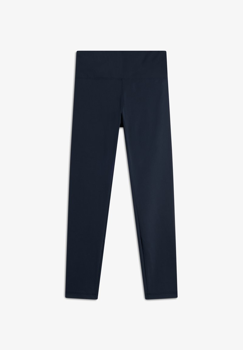 Leggings azul marino de tejido elástico, con una cinturilla ancha, textura suave y diseño ajustado. Sin patrones ni acentos visibles.