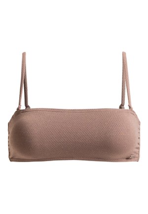 Brun bandeau bikiniöverdel med fint strukturerad tyg, justerbara remmar och sydda detaljer på sidorna. Inga stängningar är synliga.